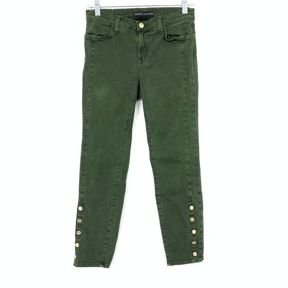 J Brand Jean Womens 27 Olive Green Skinny Leg 5 Button Ankle Snaps Gold Hardware